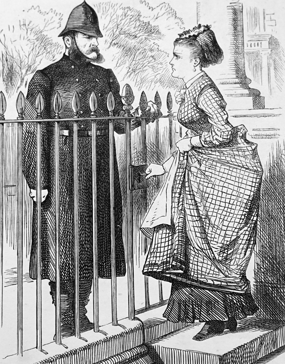 Een politieagent spreekt met een jonge vrouw door John Tenniel