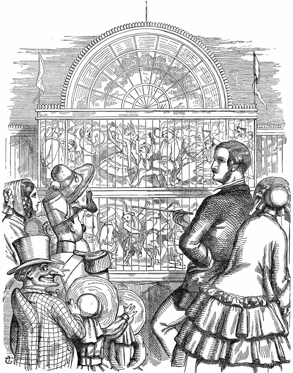 Albert, Prins-gemaal van Koningin Victoria, toont het Crystal Palace en de Grote Tentoonstelling in Hyde Park, Londen. John Tenniel cartoon uit Punch Londen 1851. Houtsnede door John Tenniel
