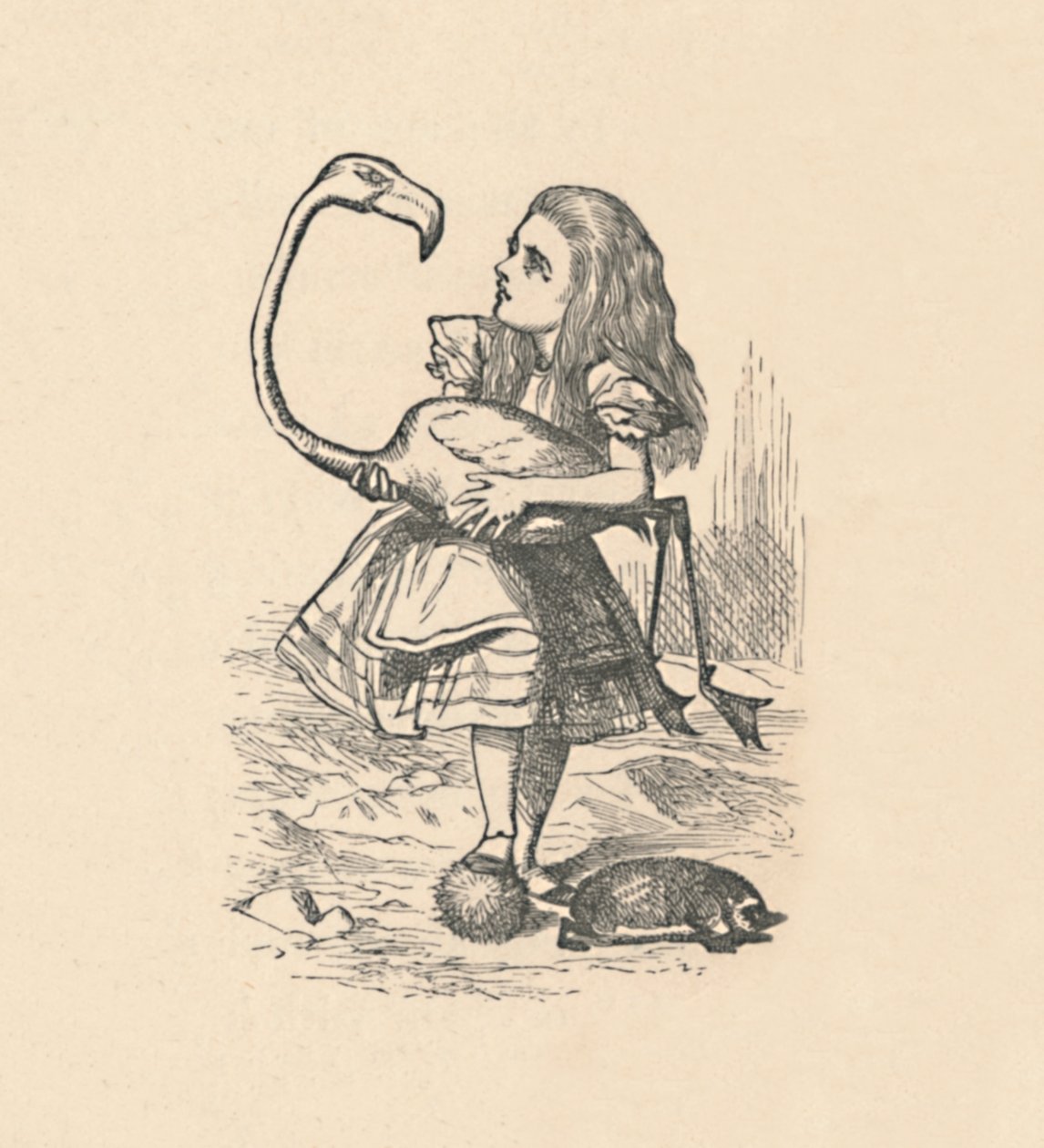 Alice probeert croquet te spelen met een flamingo als hamer, 1889 door John Tenniel