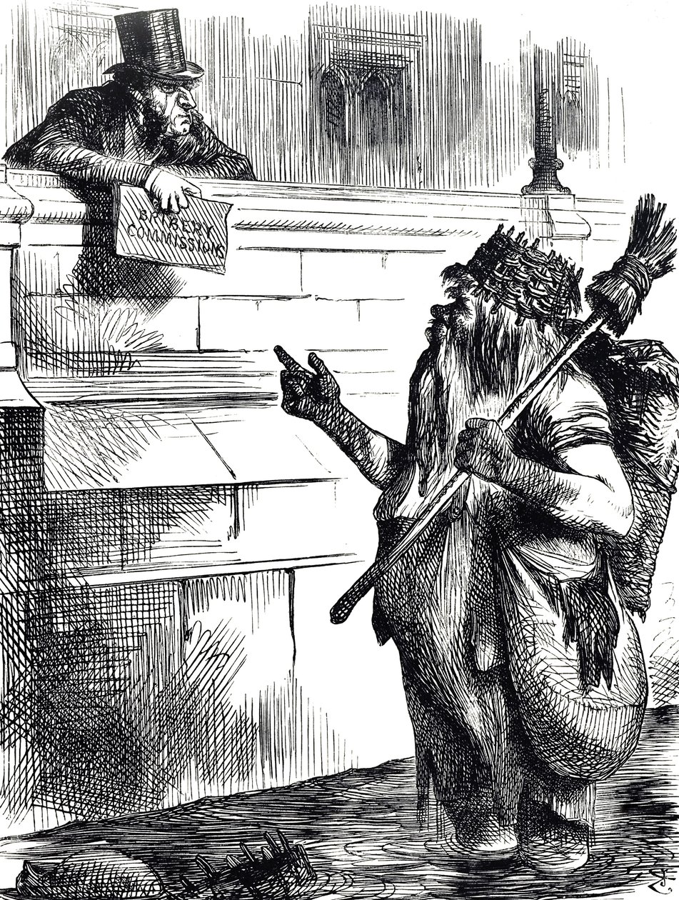 Cartoon die commentaar geeft op de vuilheid van de Theems en de onderzoeken naar omkoping tijdens verkiezingen in Great Yarmouth, Reigate en Lancaster door John Tenniel
