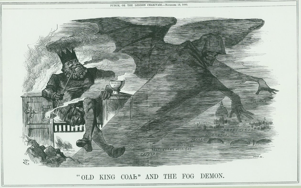 Effecten van het verbranden van Oude Koning Kolen op Londen. De mist veroorzaakte astma, bronchitis, longontsteking, pleuritis, enz. John Tenniel cartoon uit Punch, Londen door John Tenniel