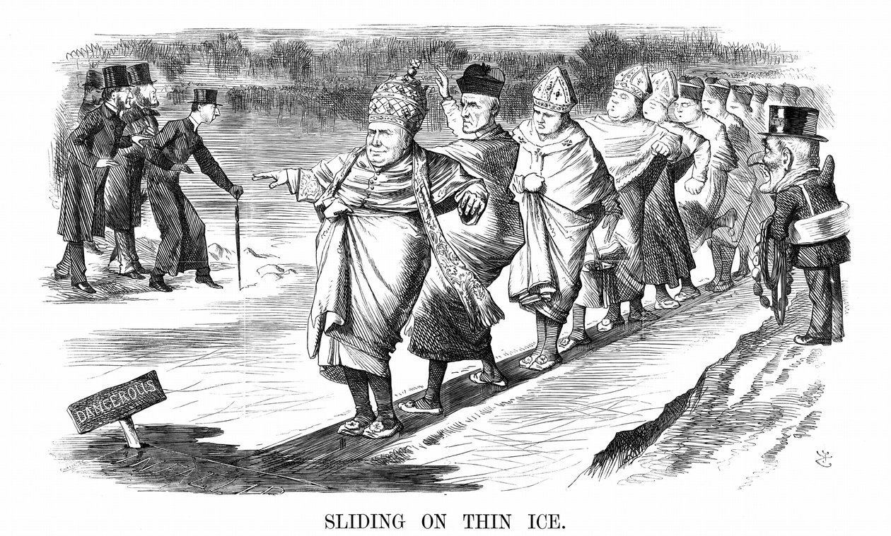Engelse bekeerlingen tot Rome, waaronder Newman, schaatsen op dun ijs terwijl, links, Pusey en zijn Anglo-Katholieke 