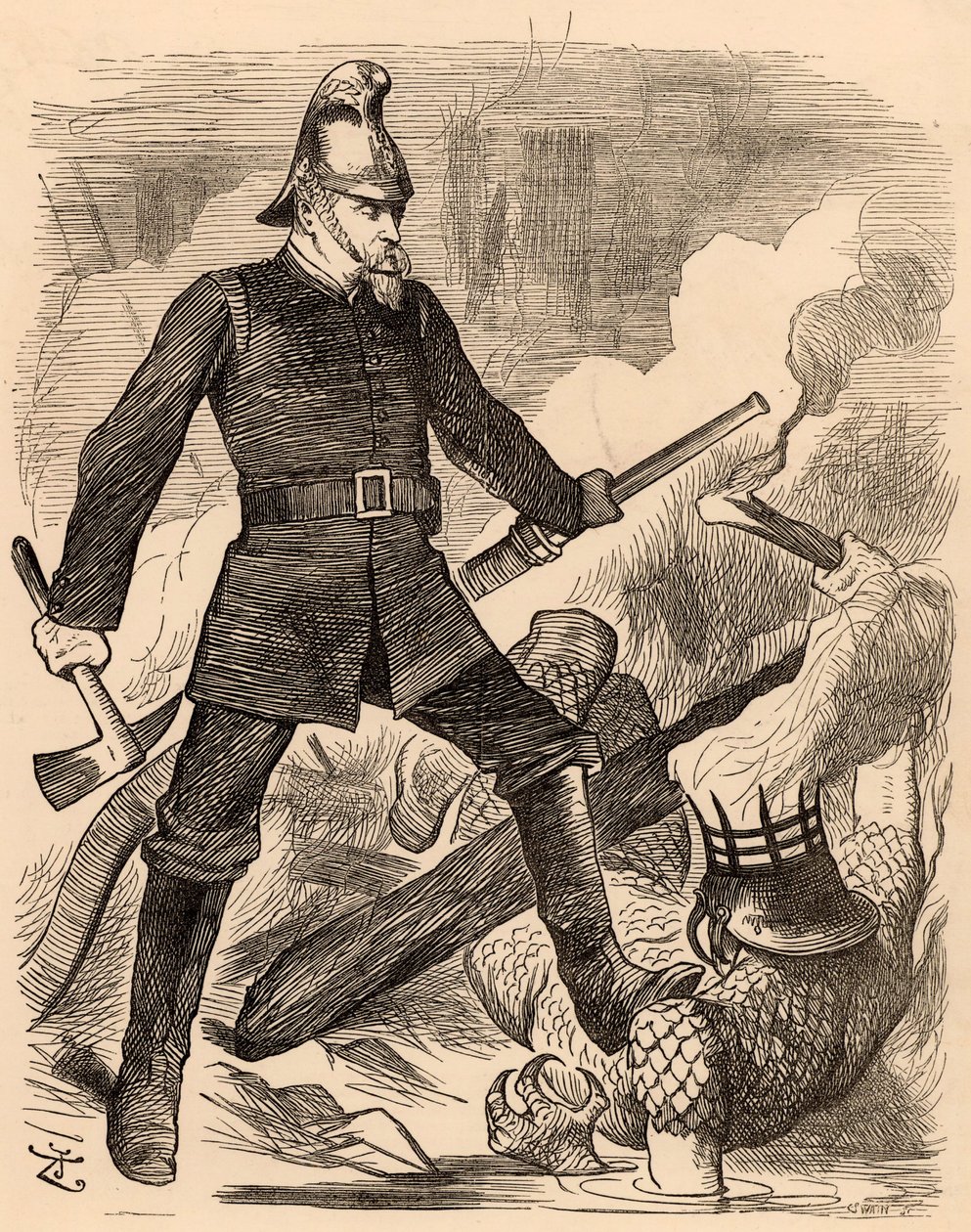 Eyre Massey Shaw vecht tegen vuur, uit "Punch" Londen, 20 augustus 1887 door John Tenniel