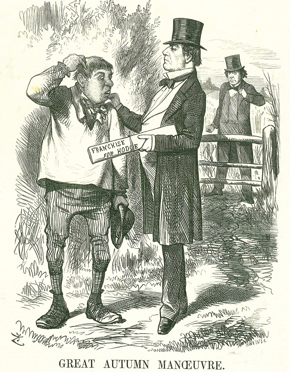 Grote herfstmanoeuvre: Gladstone dacht dat uiteindelijk het stemrecht aan landarbeiders (Hodge) moest worden gegeven. Op dat moment was zijn premierschap wankel en wachtte Disraeli om zijn plaats in te nemen. John Tenniel cartoon uit Punch, Londen, 9 augus door John Tenniel