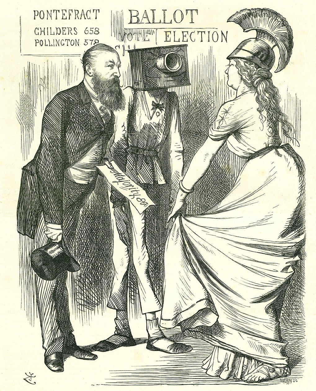 Hugh Childers (1827-1896) Britse parlementariër, vertelt Britannia over het succes van de nieuwe stembus. John Tenniel cartoon uit 