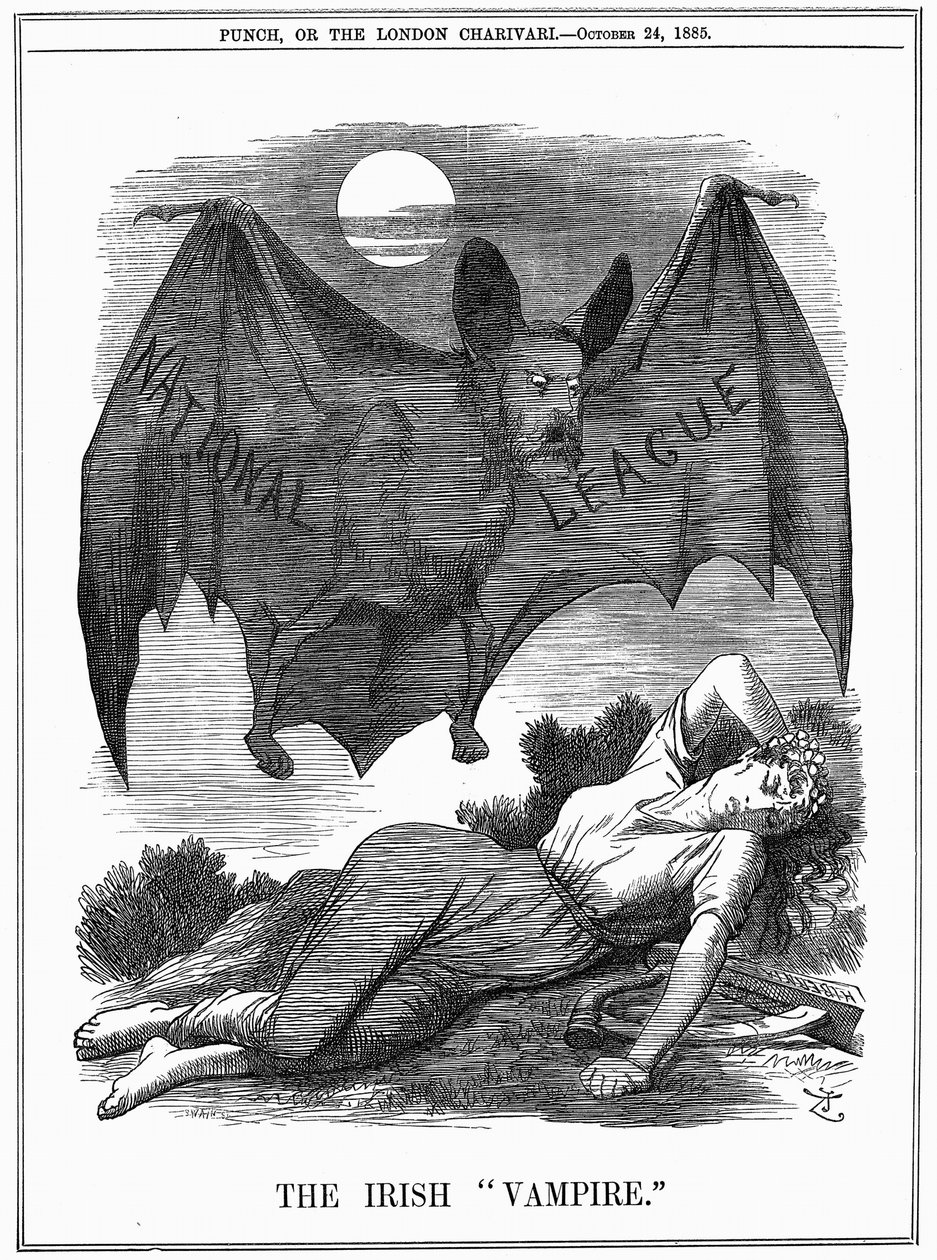 Ierse Nationale Liga, met het gezicht van Charles Stewart Parnell (1846-1891), afgebeeld als een vampier die zich voedt met Ierland. John Tenniel cartoon uit Punch Londen, 24 oktober 1885. Gravure door John Tenniel