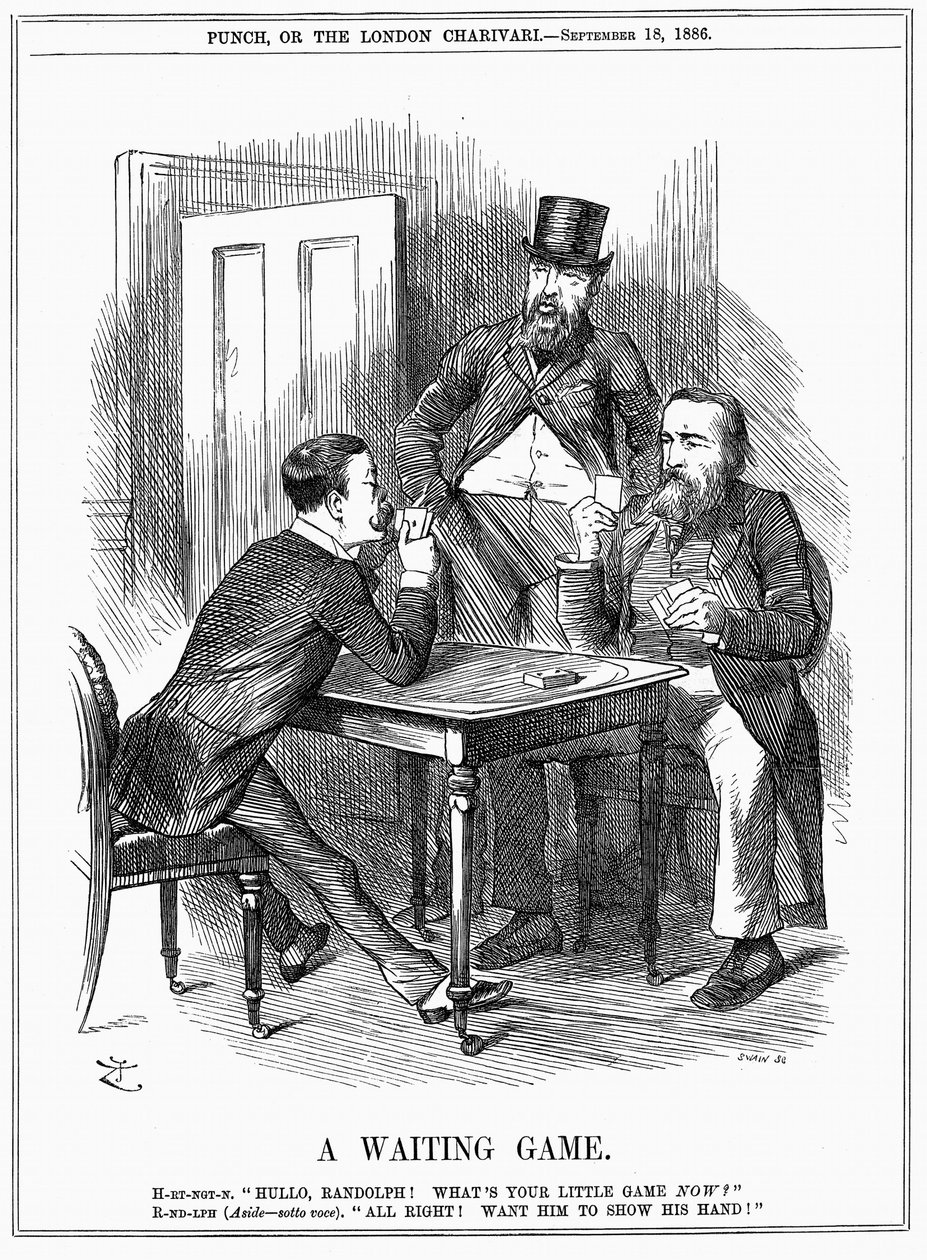 Lord Randolph Churchill (links) probeert Charles Stewart Parnell, Ierse politicus, zijn hand te laten zien en Churchill en Hartington te laten weten hoe hij de Parnellistische stemmen die hij in het Lagerhuis beheert, zal gebruiken. John Tenniel cartoon ui door John Tenniel