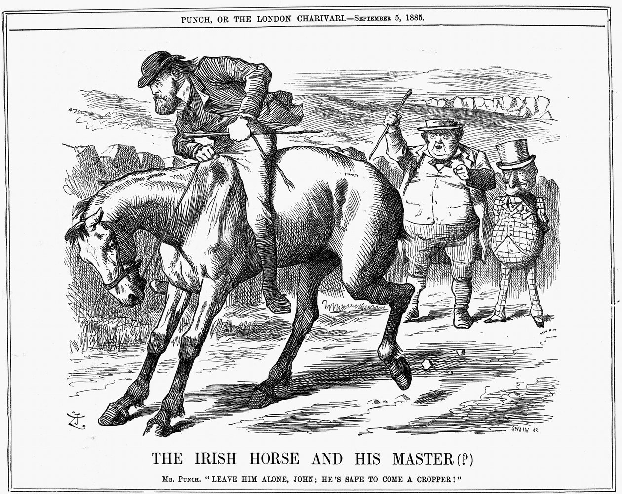 Mr Punch vertelt John Bull om Charles Stewart Parnell te negeren, omdat hij zeker zal falen met het Ierse paard. John Tenniel cartoon uit Punch, Londen, 5 september 1885 (gravure) door John Tenniel