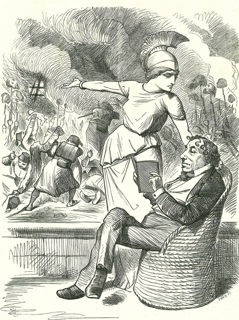 Neutraliteit onder Moeilijkheden: Benjamin Disraeli, Britse conservatieve premier, weigert actie te ondernemen over de Russisch-Turkse Oorlog. John Tenniel cartoon uit 