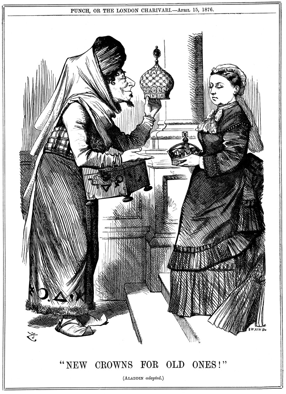 Nieuwe kronen voor oude!, Benjamin Disraeli biedt de kroon van India aan koningin Victoria, 1876 door John Tenniel
