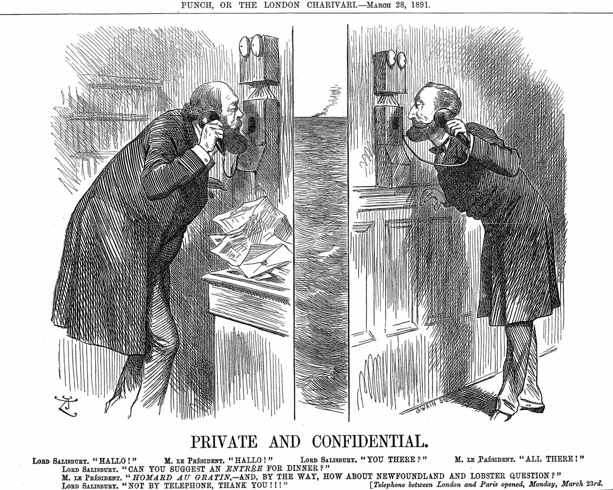Opening van de Anglo-Franse telefoonlijn. De Britse premier (Lord Salisbury) in gesprek met de Franse president (Sadi Carnot). John Tenniel cartoon uit Punch, Londen 28 maart 1891. Houtsnede. door John Tenniel