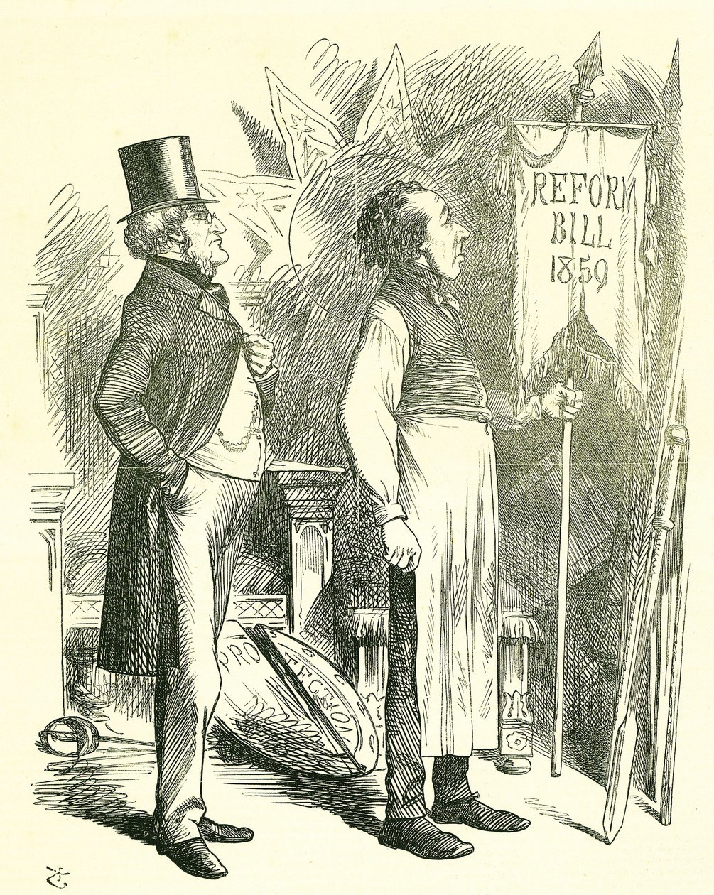 Politieke Economie: Hervorming van het Parlement - uitbreiding van het kiesrecht. Disraeli (kanselier) en Derby (premier) stofzuigen de Hervormingswet af. In 1867 introduceerde Disraeli een nieuwe wet. John Tenniel cartoon uit Punch, Londen door John Tenniel