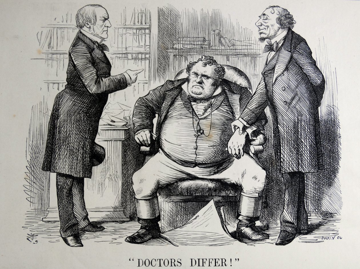 Politieke satire met William Ewart Gladstone, Benjamin Disraeli en John Bull door John Tenniel