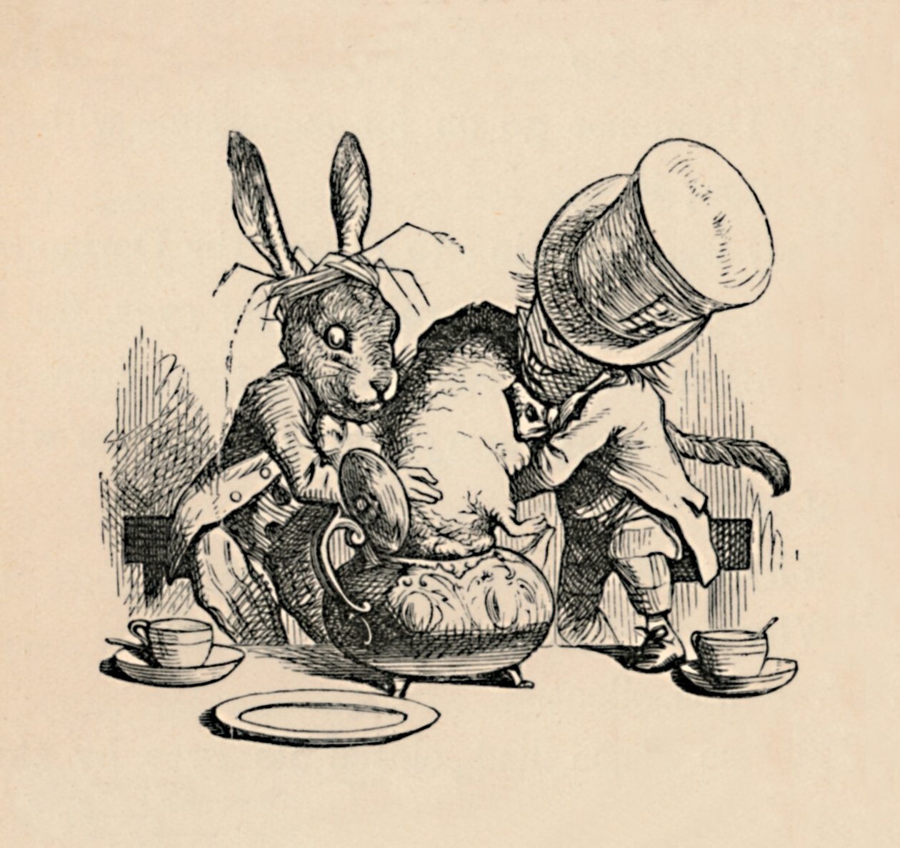 De Gekke Hoedenmaker en Maartse Haas proberen de Zevenslaper in een theepot te stoppen, 1889 door John Tenniel
