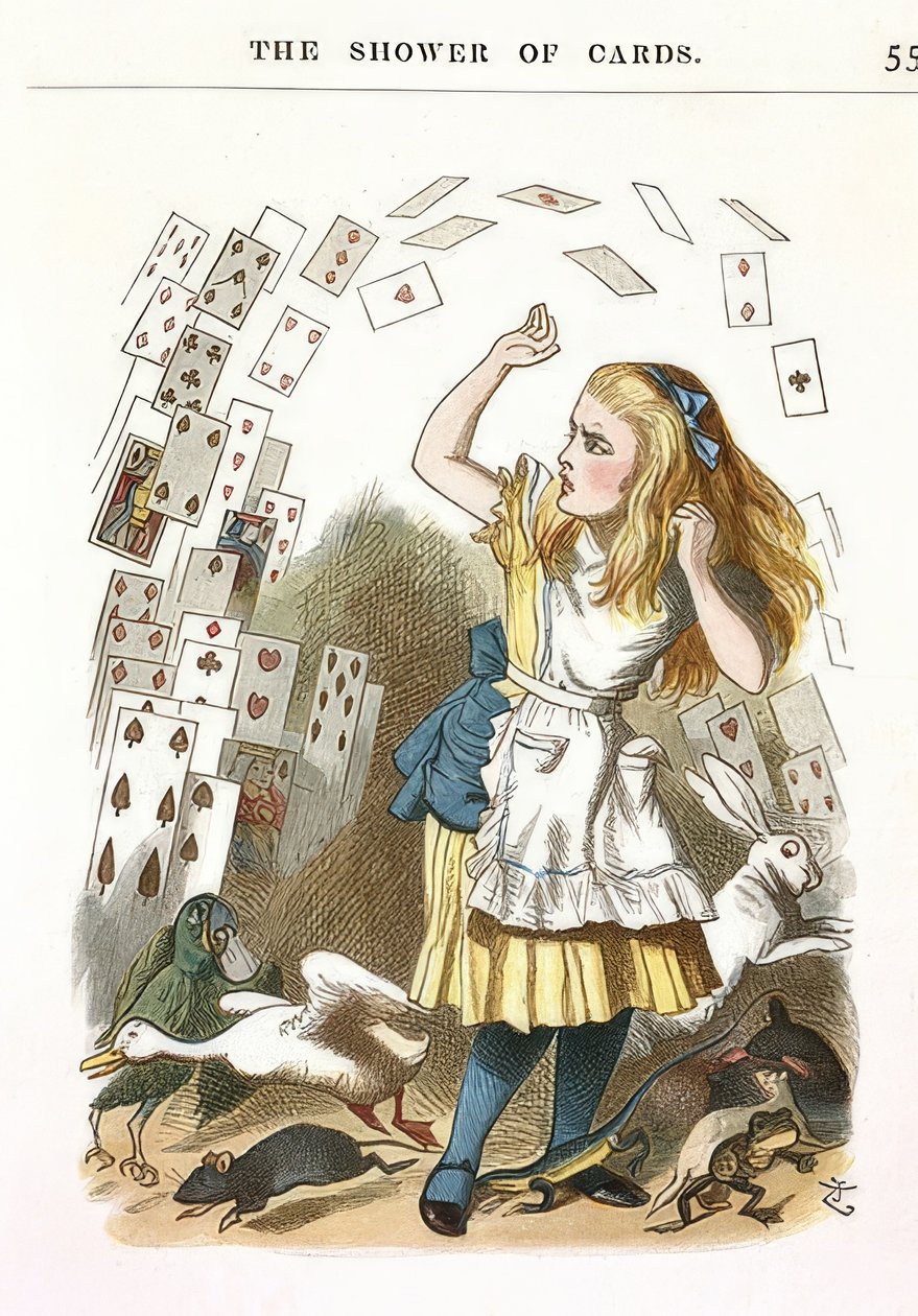 De stortvloed van kaarten. Illustratie voor Alice in Wonderland van Lewis Carroll door John Tenniel