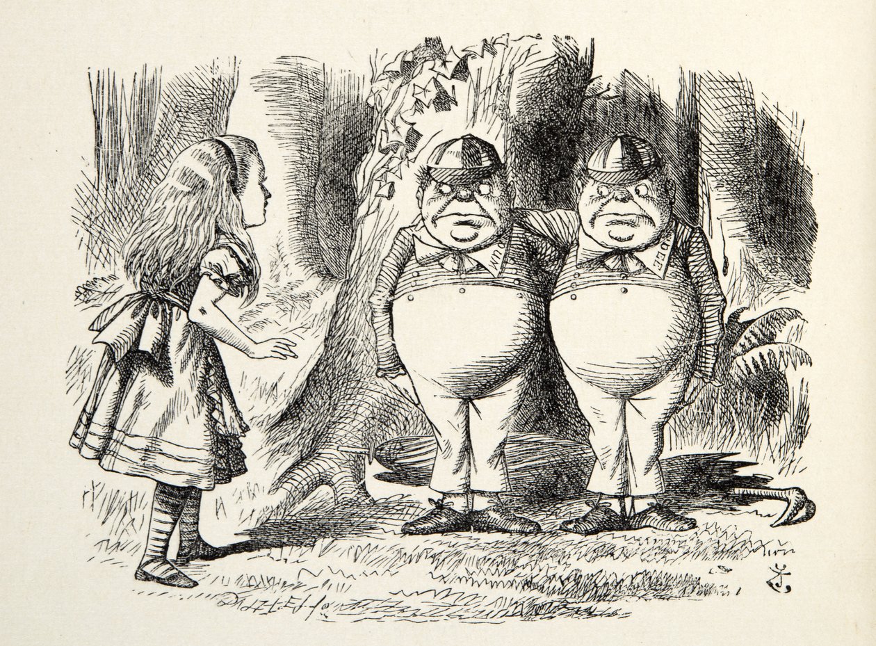 Tweedledum en Tweedledee, illustratie uit Through the Looking Glass, door Lewis Carroll, 1872 door John Tenniel