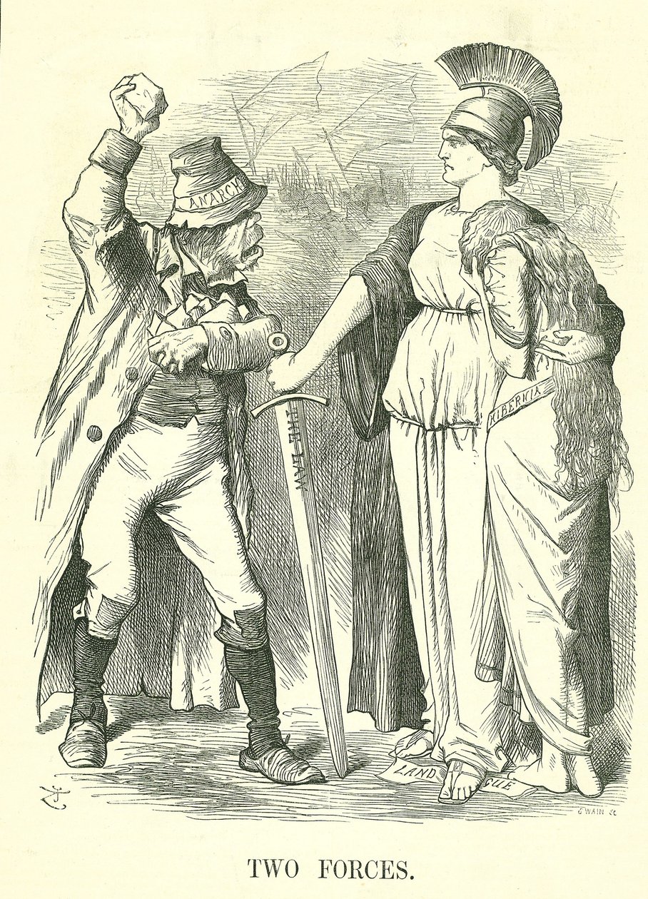 Twee Krachten: Ierse Land Liga verboden. Britannia beschermt Hibernia (Ierland) met de Kracht van de Wet tegen de Kracht van Anarchie. John Tenniel cartoon uit Punch, Londen, 29 oktober 1881. door John Tenniel