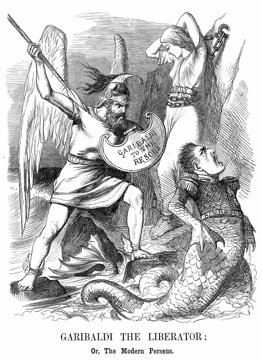 Eenwording van Italië: Giuseppe Garibaldi (1807-1882), Italiaanse patriot, verovert Sicilië en Napels namens het nieuwe koninkrijk Italië. John Tenniel cartoon uit Punch, Londen door John Tenniel