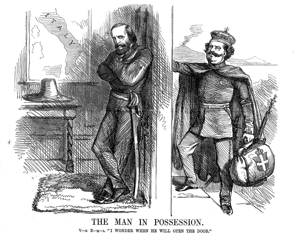 Victor Emmanuel II klopt op de deur van Napels door John Tenniel
