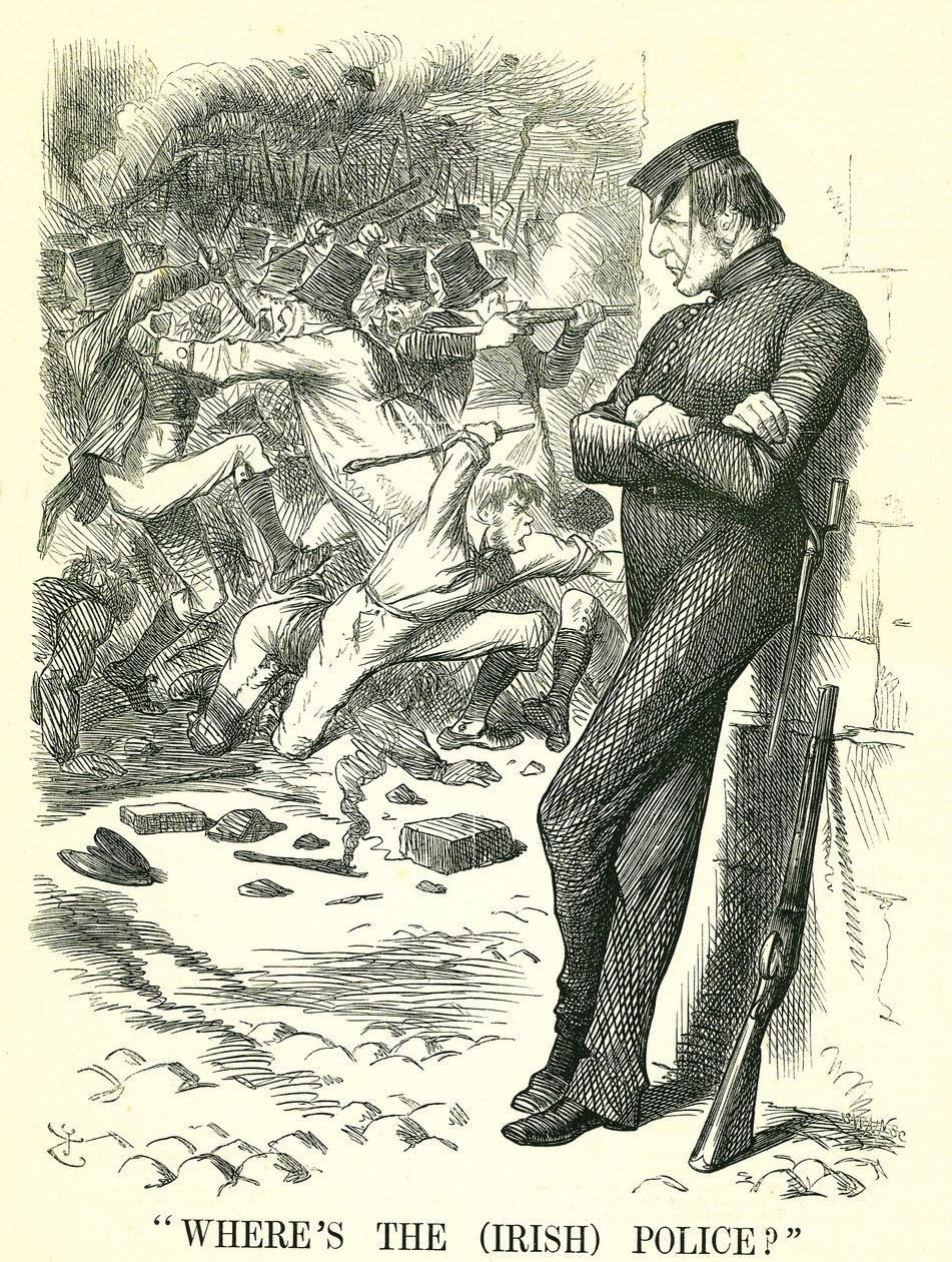 Waar is de (Ierse) politie?: William Gladstone, Britse premier, kijkt naar de onrust in Ierland en wacht om in te grijpen. In april werd een nieuwe Irish Peace Preservation Act aangenomen door het parlement. John Tenniel cartoon uit Punch, Londen door John Tenniel