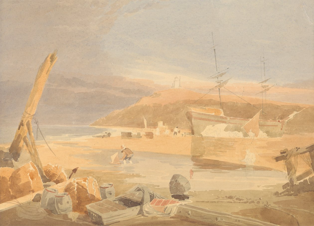 Kustscène met zeilschip aan de kade door John Thirtle