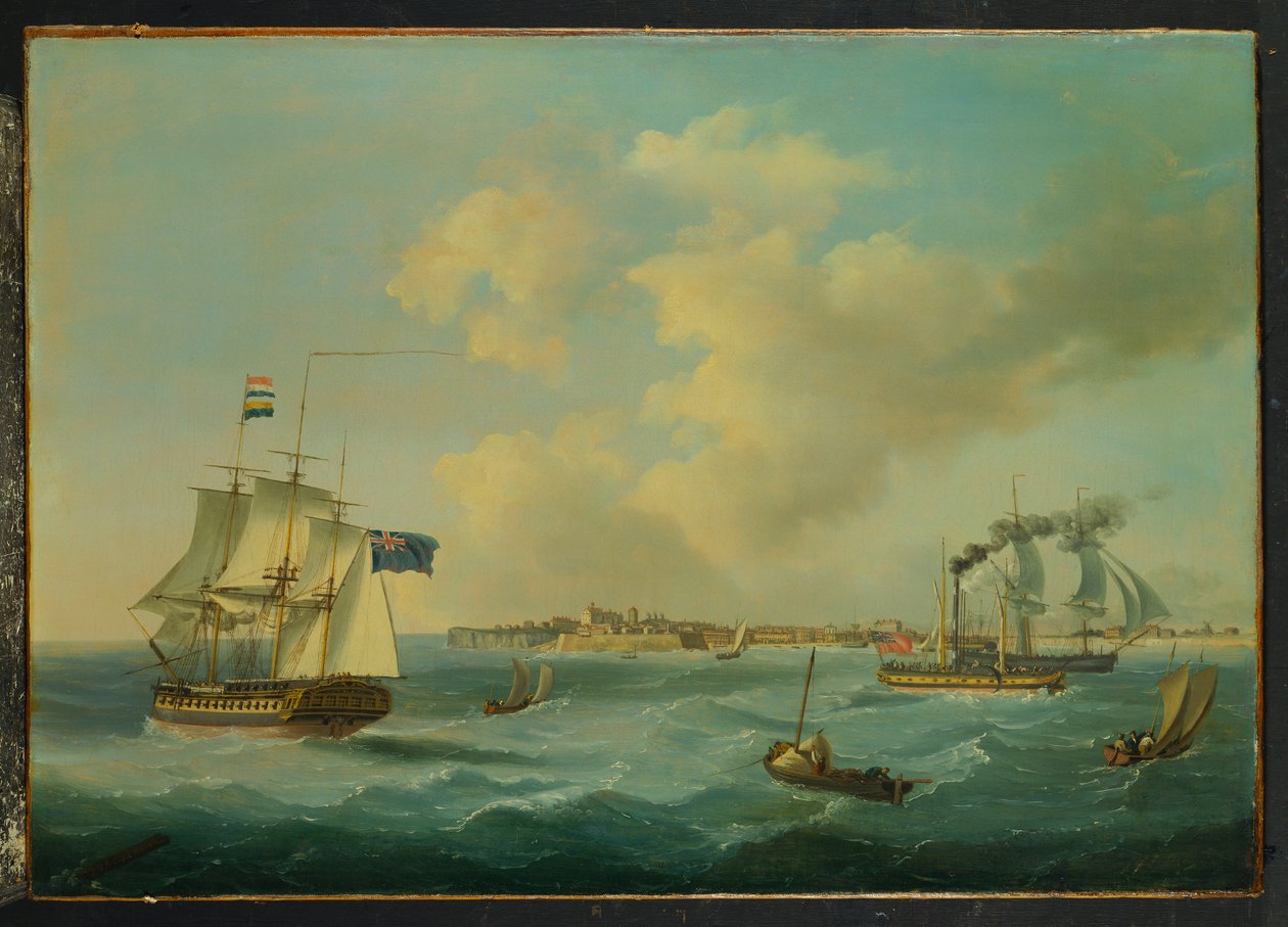 Een 44-kanons fregat, een passagierspeddelstoomboot en andere schepen bij St. Peter Port, Guernsey door John Thomas Serres