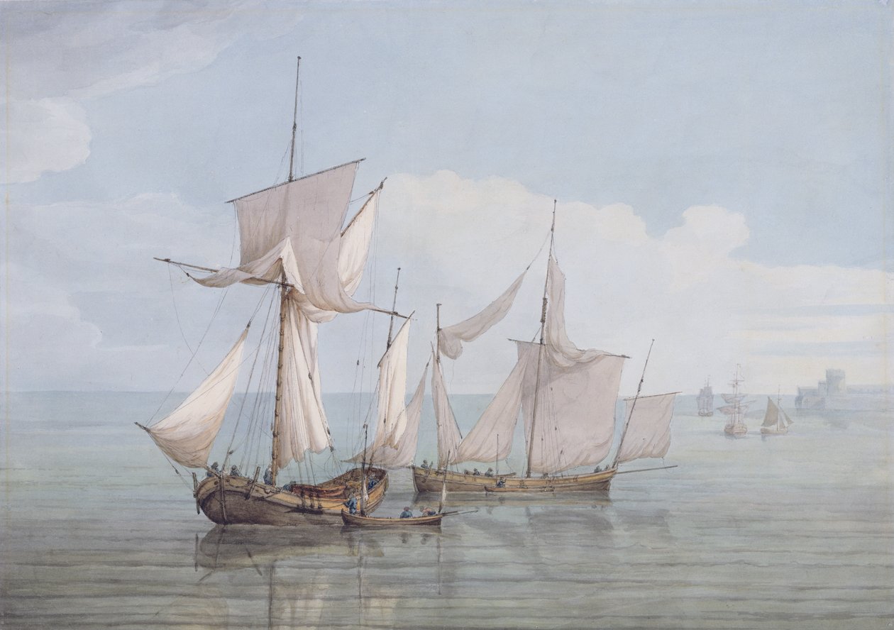 Een Hoy en een Lugger met andere schepen op een kalme zee door John Thomas Serres