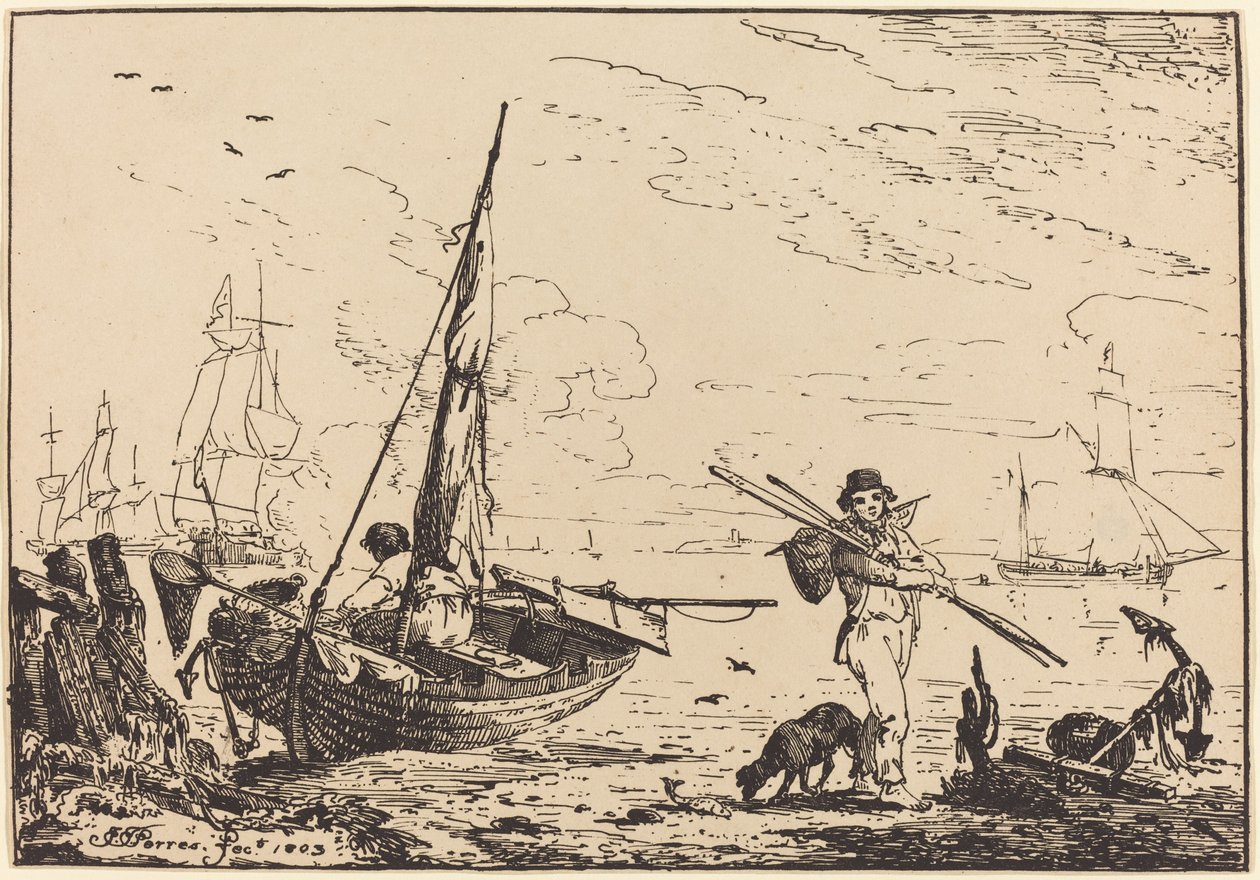 Marine: Vissersboten aan de Kust, Man met Roeispanen, Schip in de Verte door John Thomas Serres