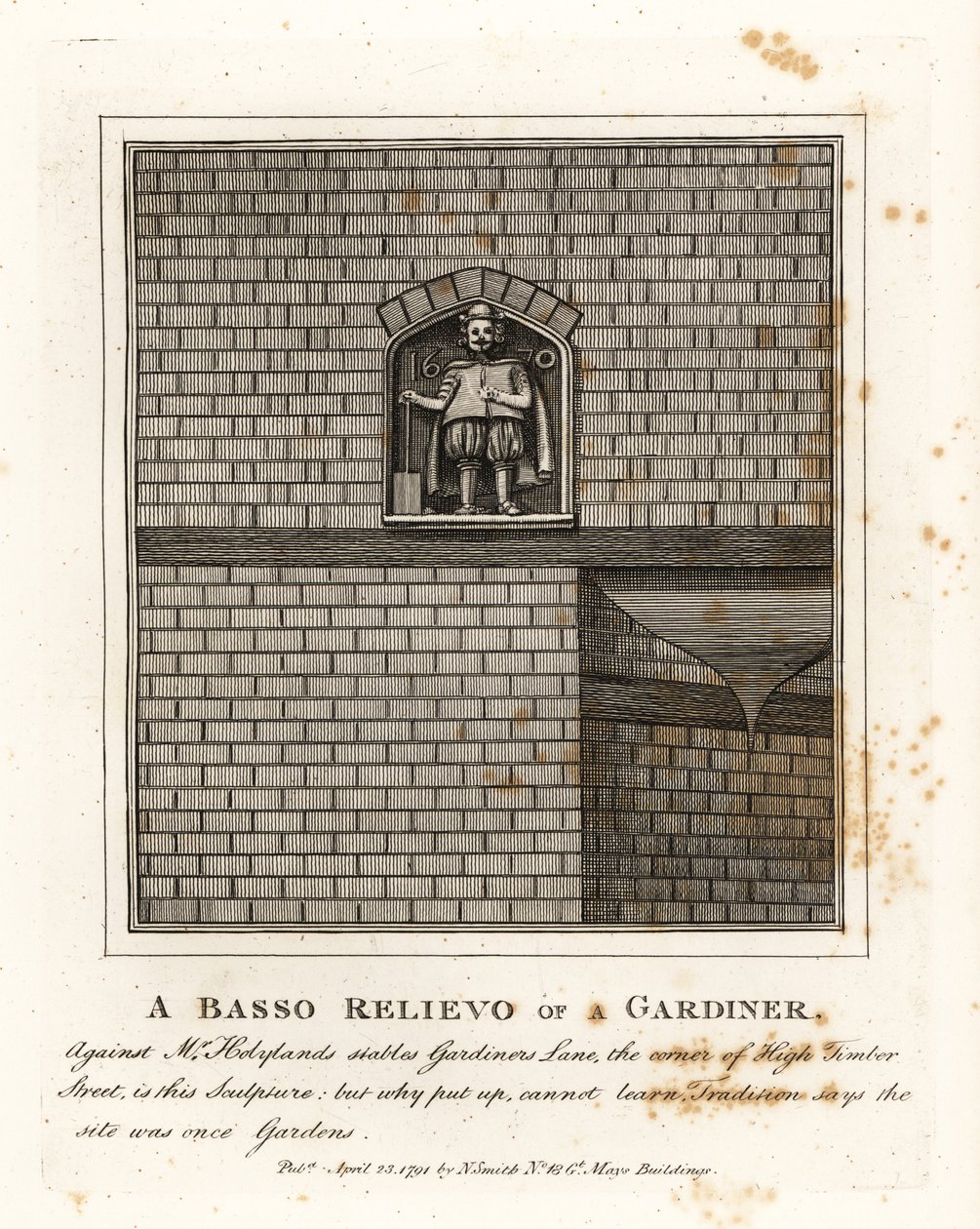 Bas-reliëf van een tuinman op de muur van Mr door John Thomas Smith