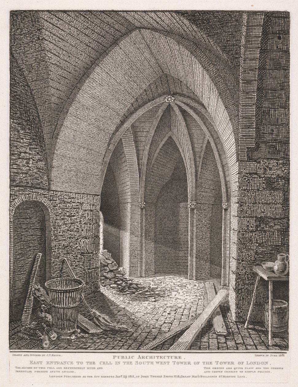 Oostelijke ingang van de cel in de zuidwestelijke toren van de Tower of London door John Thomas Smith