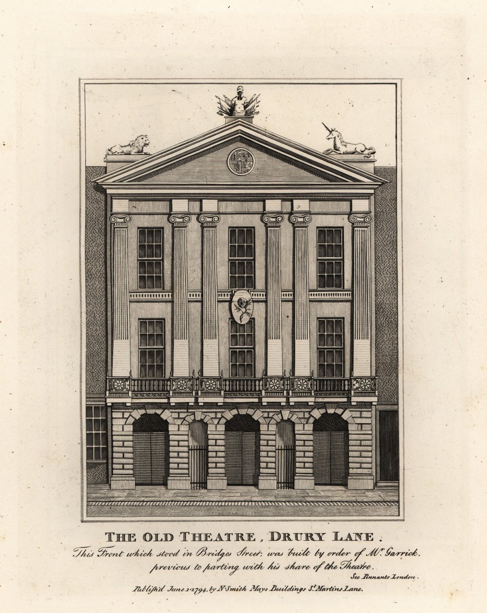 Voorzijde van het oude theater, Drury Lane door John Thomas Smith