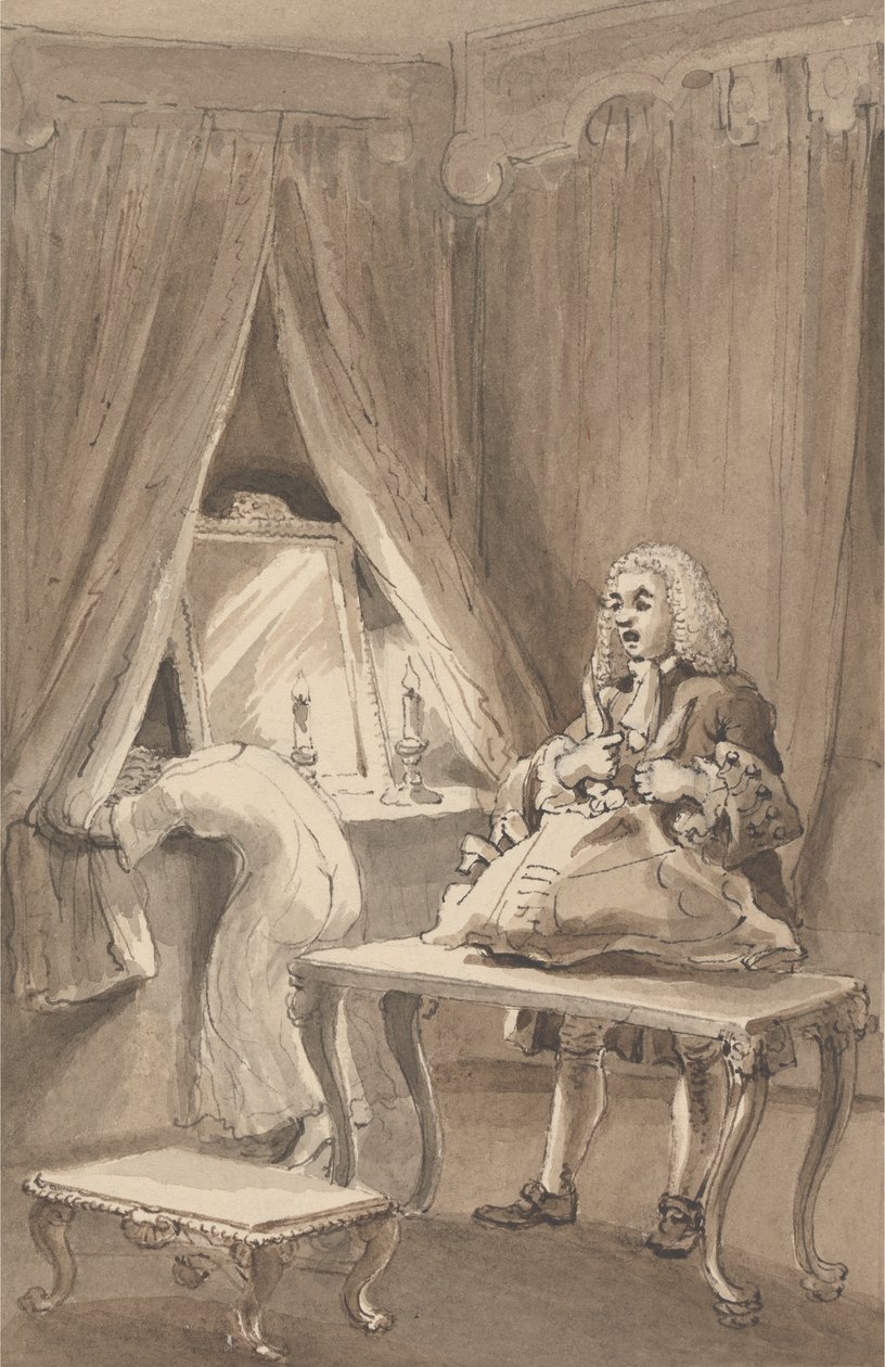 Hogarth nadat zijn vrouw een nieuw nachthemd had aangetrokken, bindt haar spullen vast om naar Sir James Thornhill te sturen met een brief waarin hij hem vertelde: 