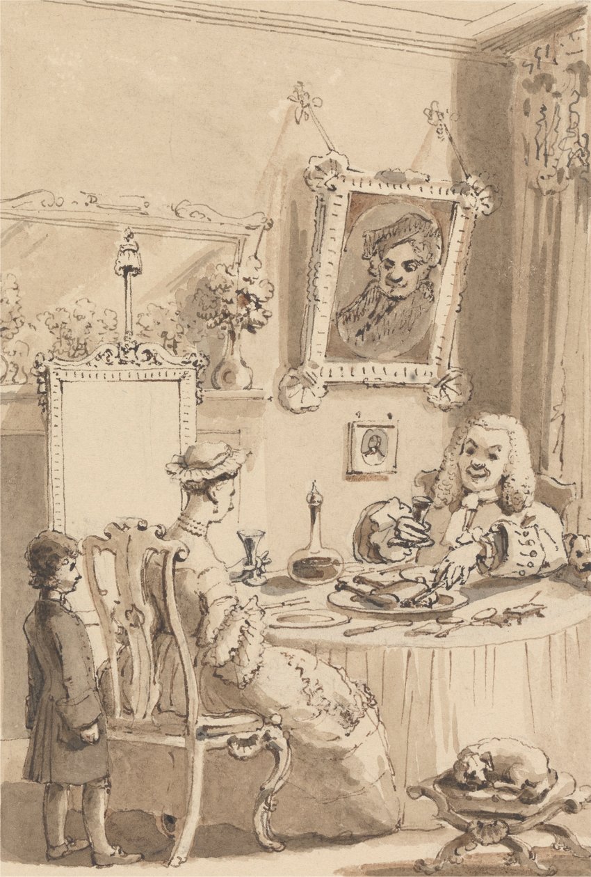 Hogarth drinkt het eerste glas wijn met zijn vrouw - hun honden houden respectvolle afstand door John Thomas Smith