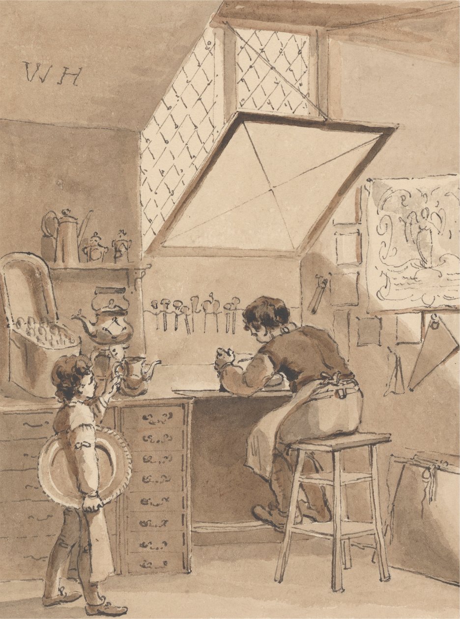 Hogarth graveert het winkelbord van zijn meester, het teken van de engel door John Thomas Smith