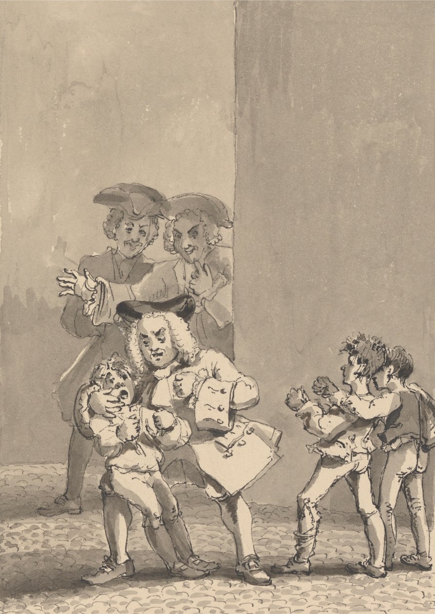 Hogarth gevolgd door Barry en een vriend werd betrapt terwijl hij een jongen aanmoedigde om te vechten om zijn angstige gelaatsuitdrukking te vangen door John Thomas Smith