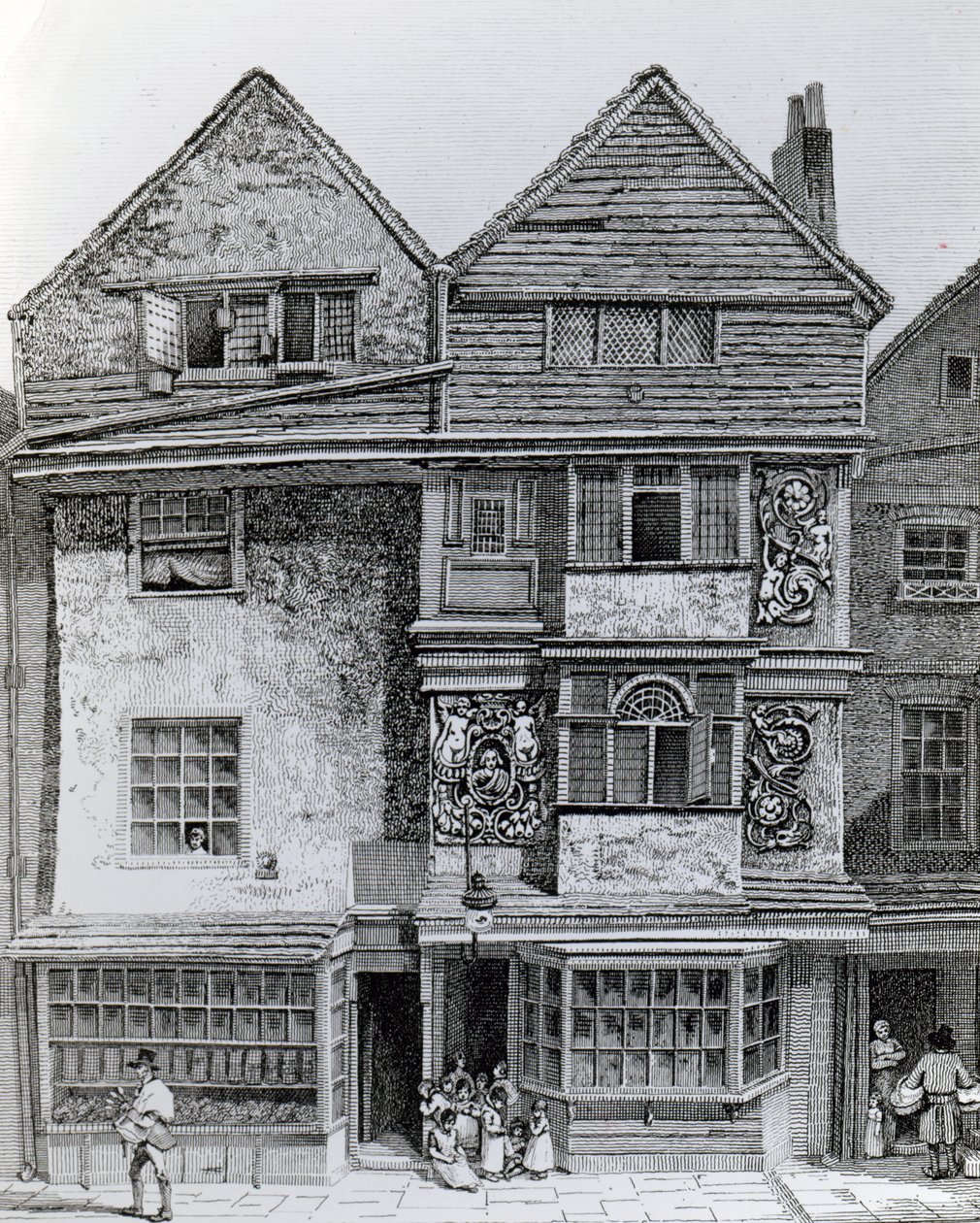 Huizen aan de zuidkant van een straat genaamd London Wall, gepubliceerd in 1812 door John Thomas Smith