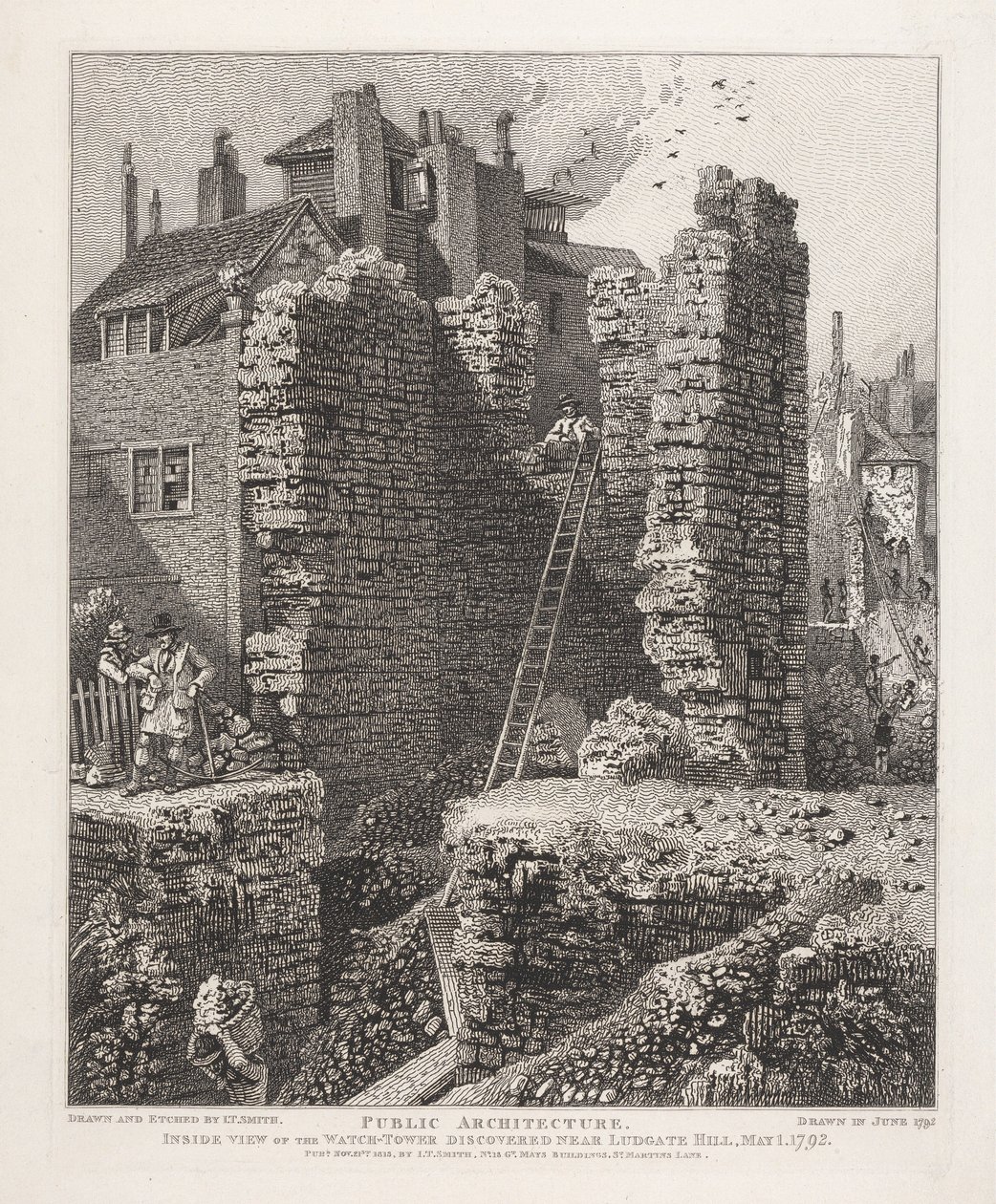 Binnenaanzicht van de nabij Ludgate Hill ontdekte wachttoren, 1 mei 1792 door John Thomas Smith