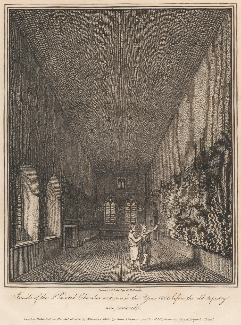Binnenkant van de Painted Chamber zoals het was in het jaar 1800 voordat het oude wandtapijt werd verwijderd door John Thomas Smith