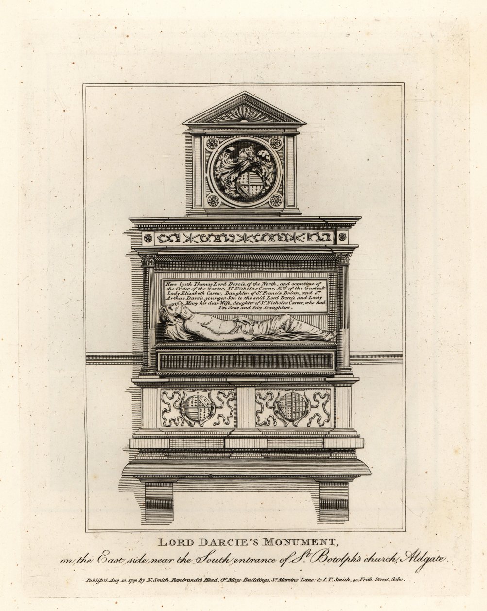 Monument van Lord Darcie in de kerk van St Botolph, Aldgate door John Thomas Smith