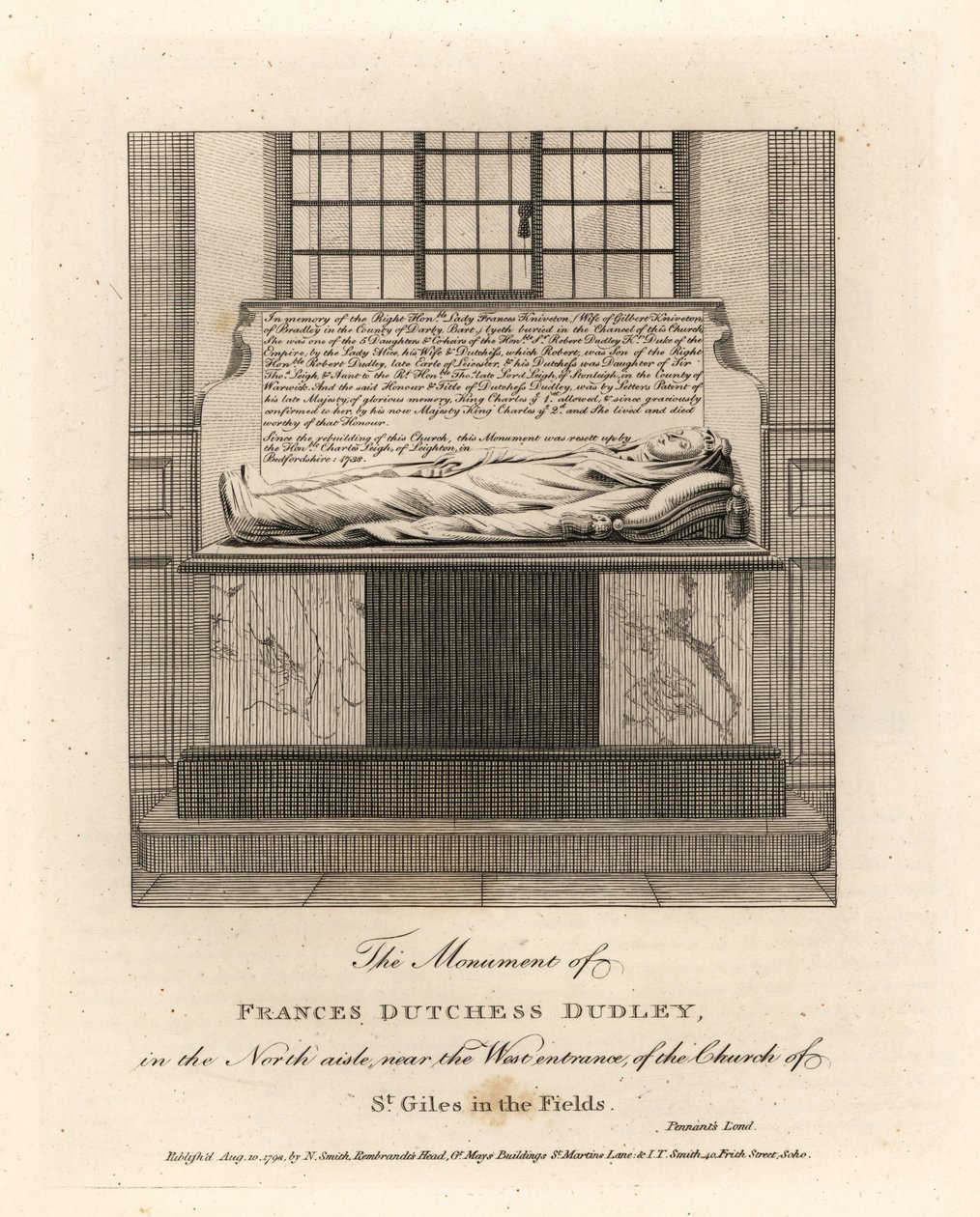 Monument van Lady Frances Kniveton, hertogin van Dudley, echtgenote van Sir Gilbert Kniveton, in de kerk van St Giles in the Fields door John Thomas Smith