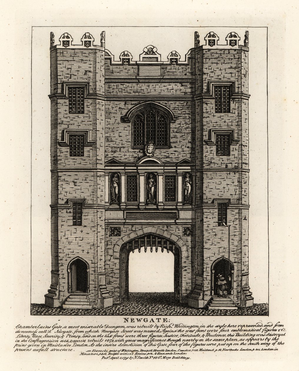 Newgate, herbouwd in 1672 na de Brand van Londen, met drie figuren Gerechtigheid, Moed en Voorzichtigheid van de voormalige poort gebouwd door burgemeester van Londen Richard Wittington door John Thomas Smith