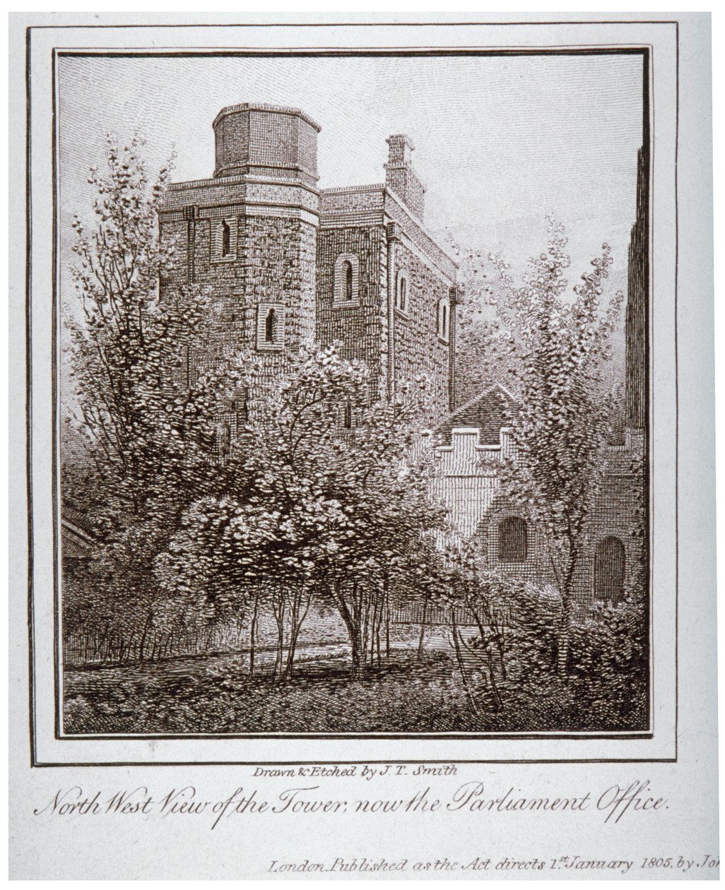 Noordwestelijk uitzicht op de Jewel Tower, Old Palace Yard, Westminster, Londen door John Thomas Smith