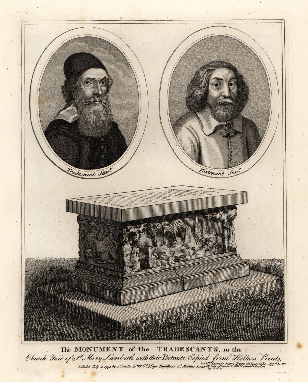 Ovale portretten van naturalisten en verzamelaars John Tradescant de Oudere en Jongere, en hun grafmonument in de kerk van St Mary Lambeth door John Thomas Smith