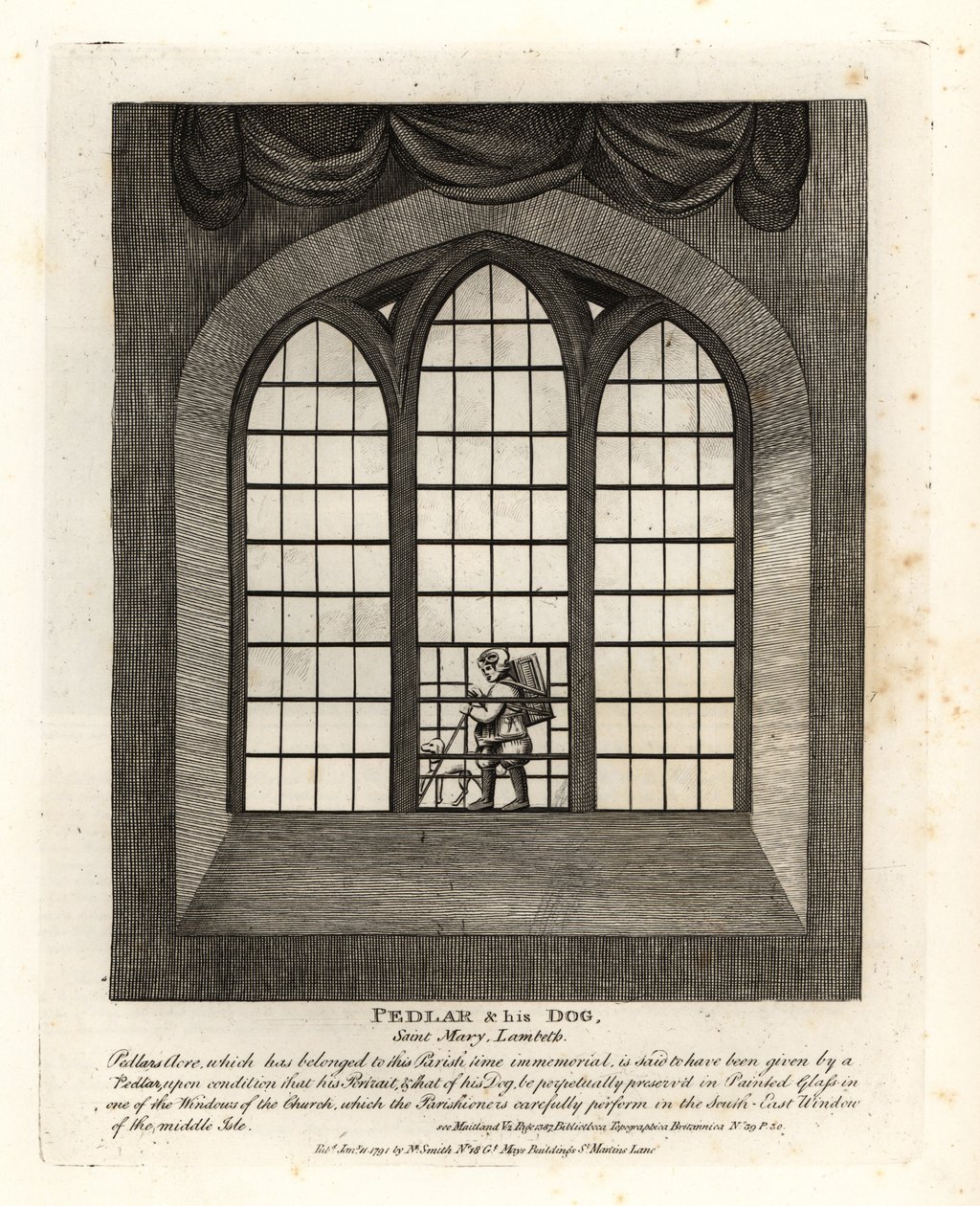 Marskramer en zijn hond in het glas-in-loodraam van de kerk in Saint Mary-at-Lambeth door John Thomas Smith