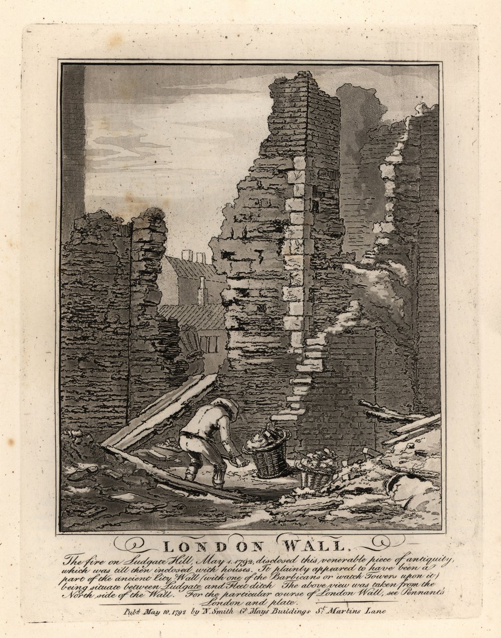 Ruïnes van de Romeinse Londense Muur blootgelegd door de brand van mei 1792 op Ludgate Hill door John Thomas Smith