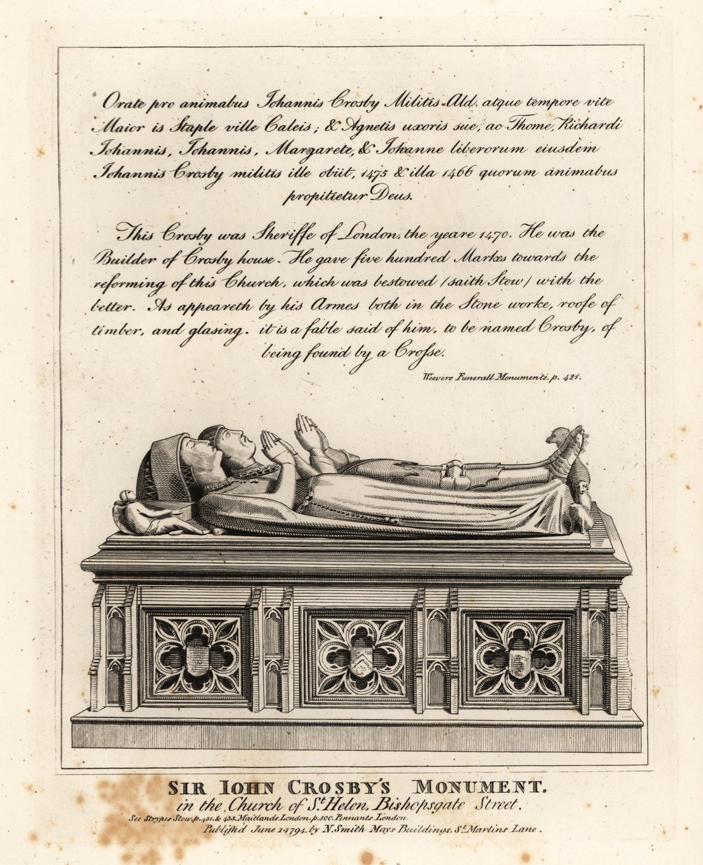 Monument van Sir John Crosby in de kerk van St Helen, Bishopsgate Street door John Thomas Smith