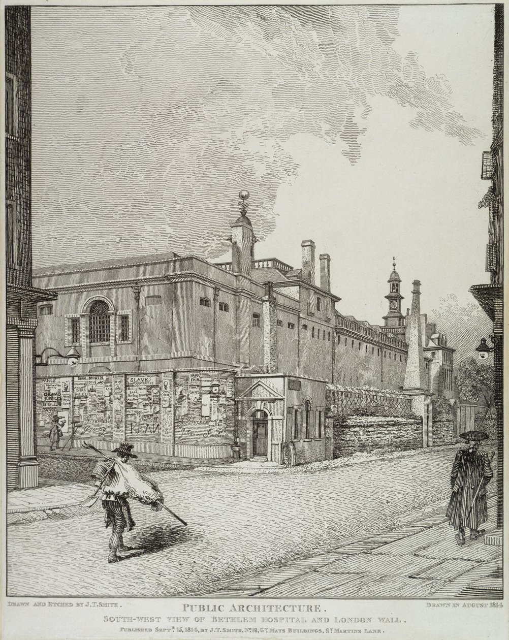 Zuidwestelijk Uitzicht op Bethlem Hospital en London Wall, 1814 door John Thomas Smith