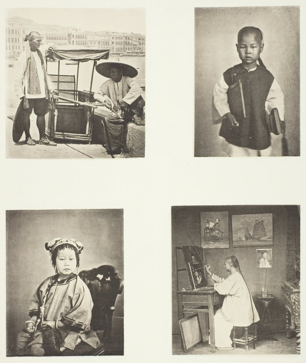 Een Hong-Kong draagstoel, een Chinese schooljongen, een Chinees meisje, een Hong-Kong kunstenaar, c. 1868 door John Thomson