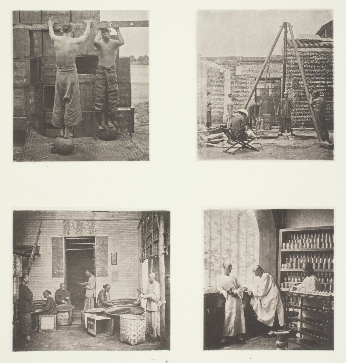 Het rollen van geparfumeerde theesoorten; het wegen van thee voor export; een theehuis, Canton; een theeproeverij, Canton door John Thomson
