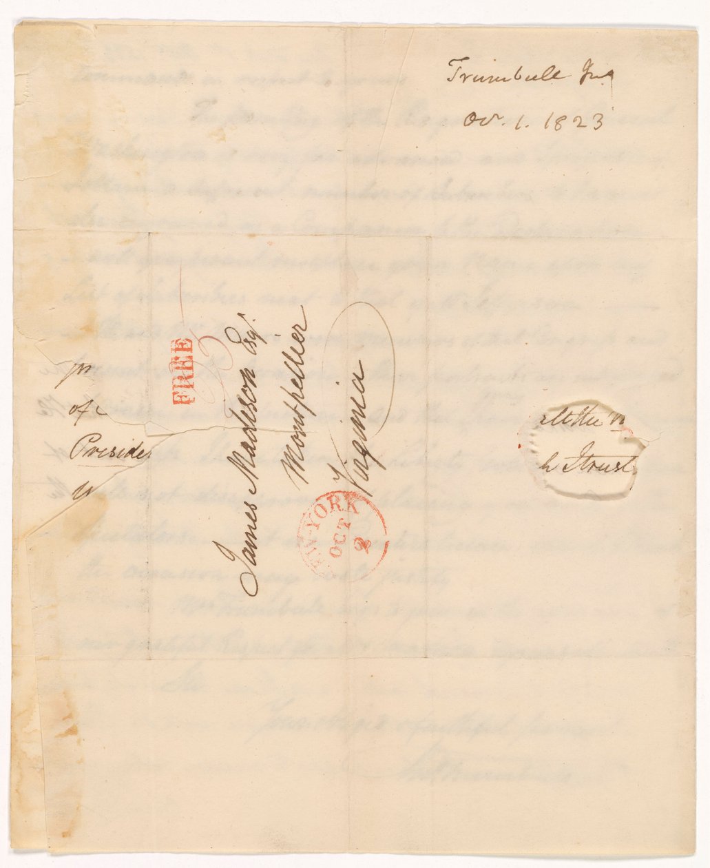 Brief van John Trumbull (1756-1843) aan President Madison gedateerd 1 okt. 1823 door John Trumbull
